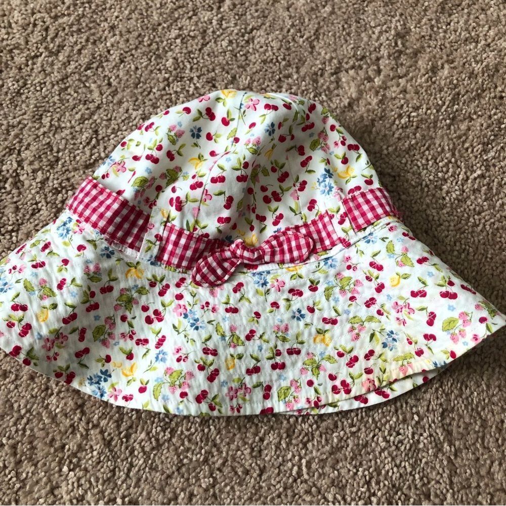 Janie‎ and Jack Cherry Hat Baby Girl 12-24 Mos Gingham Ribbon White Pink